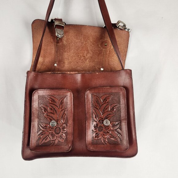 Nacona Leather Shoulder Satchel Briefcase Messenger Bag Western Tooled Buckles - Picture 3 of 11